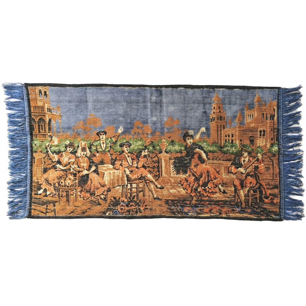 Vintage Spanish Woven Tapestry Table Runner • Flamenco Musicians Fringe • 40.5"